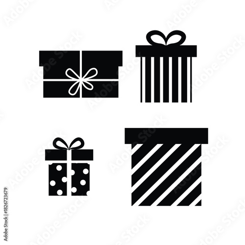 Black silhouette gift boxes icon set. Monochrome presents with different patterns. Minimalist holiday and birthday vector.