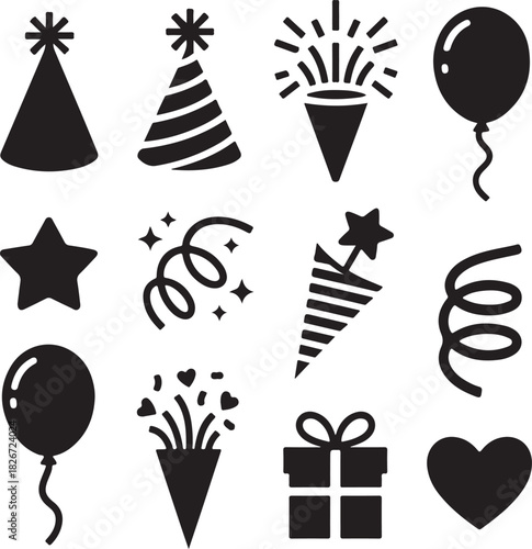 Festive party icons with hats balloons confetti and gifts in black