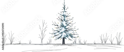 Simple winter landscape with single snowy evergreen tree
