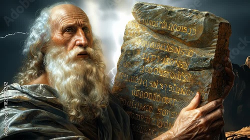 Sinai covenant moment: god grants moses stone tablet, eternal law forms, biblical story, sacred faith, spiritual path, divine decree, holy truth, religious life, faithful guide, chosen nation,