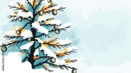 Snowy Christmas tree with golden festive baubles
