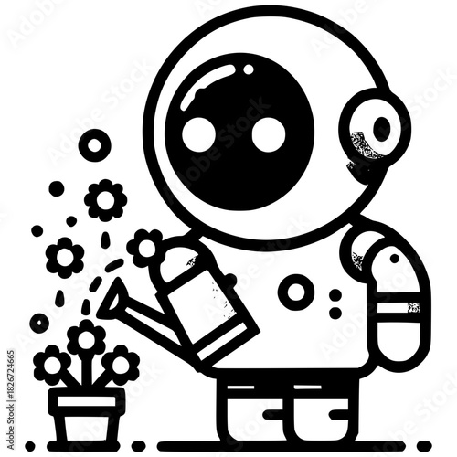 Robot Gardener Nurturing Life: A charming robot diligently tends to a blossoming flower, demonstrating care and cultivation in a whimsical illustration.