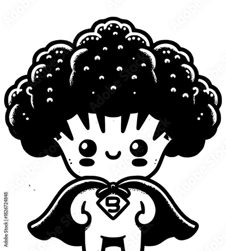 Broccoli Superhero: A fun cartoon illustration depicts a broccoli character in a heroic pose, complete with a cape and a cheerful expression, symbolizing healthy eating and a superhero theme.