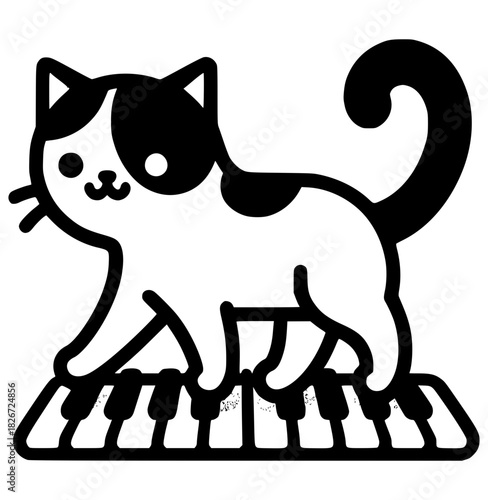 Cat Playing Piano: A playful black and white cat delicately steps across the keys of a piano, creating a whimsical and musical moment.