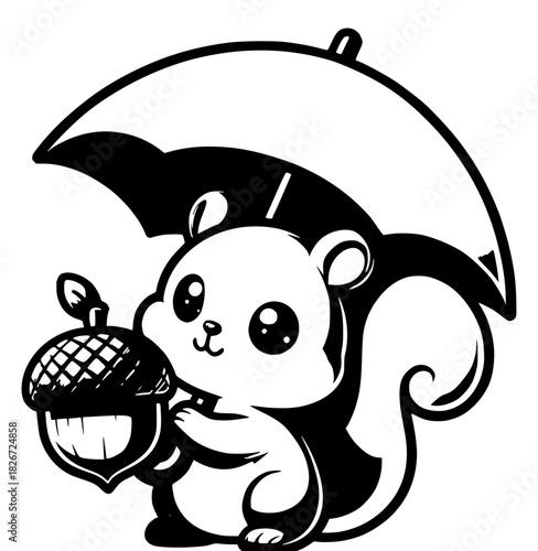 Cute Squirrel and Acorn under an Umbrella: An adorable cartoon squirrel shelters under an umbrella while clutching a large acorn.