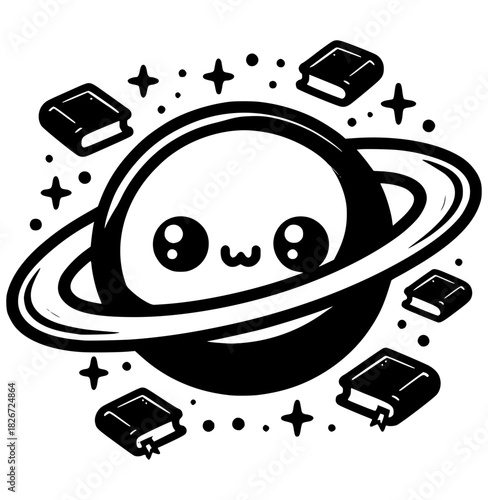 Celestial Knowledge: Adorable illustration that merge celestial wonders with the pursuit of knowledge. Featuring a whimsical planet encircled by a ring of knowledge with books.