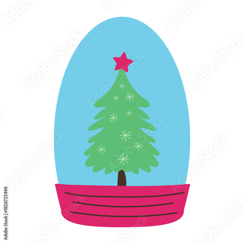 Winter snow globe illustration with a Christmas tree inside. Cute flat festive vector scene perfect for holiday greeting cards, seasonal décor, merry Christmas designs, and cozy winter graphics