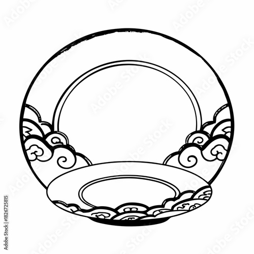 Circular emblem with traditional asian cloud and plate motifs