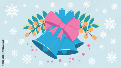 Christmas and New Year's bells, bells with bows and decorative branches, white falling snowflakes