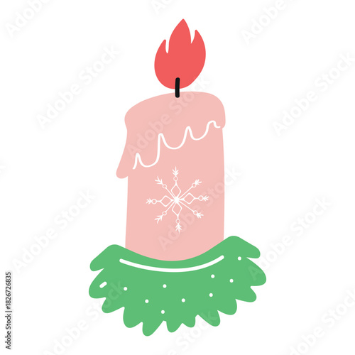 Christmas candle illustration with pine greenery and glowing flames in flat festive style. Warm holiday decoration perfect for greeting cards, winter designs, seasonal décor, and Scandinavian-inspired
