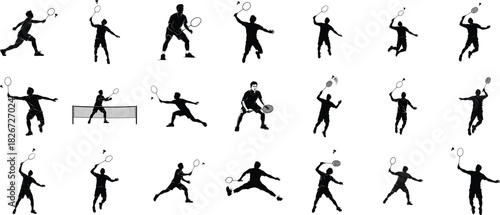Black vector silhouettes set of women playing tennis, running, and doing various sports poses illustration