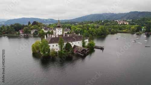Aerial view of schloss ort castle on traunsee lake in gmunden