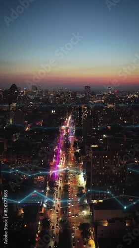 Futuristic smart city with digital data streams and network connections flowing through streets. Night urban landscape with glowing lines