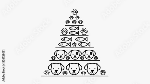 A pyramid-shaped illustration composed of dog faces, fish, paw prints, and stars, arranged in ascending rows.