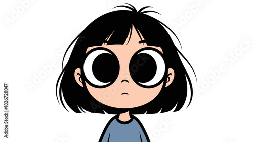 Cute cartoon illustration of a young girl with big dark eyes and black bob hair looking forward with a neutral expression.