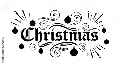 Festive Christmas typography in a blackletter font with decorative swirls and ornaments on a white background.