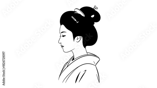 A minimalist black and white line drawing of a Japanese woman in profile, with her hair styled in a traditional bun.