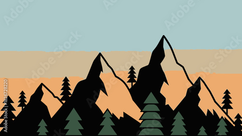 Stylized mountain peaks and forest silhouette with a colorful striped sky background.