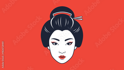 Stylized illustration of a Japanese geisha's face with traditional makeup and hair bun on a vibrant red background.