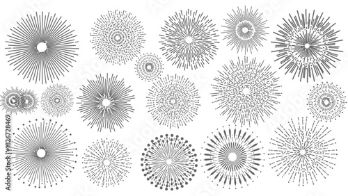 Collection of diverse abstract radial line patterns and sunburst designs, perfect for graphic resources and decorative elements.