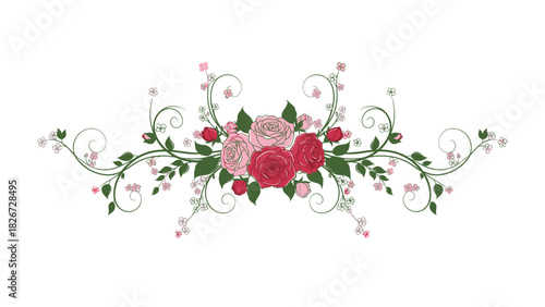 Floral arrangement with roses, vines, and small pink flowers on a white background.