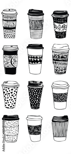 This is a black and white illustration showcasing a collection of twelve different disposable coffee cups. Each cup features a unique, hand-drawn pattern or texture on its sleeve or body, including st