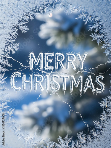 christmas poster with icy merry christmas text, festive holiday card with frosty branches and snowflakes
