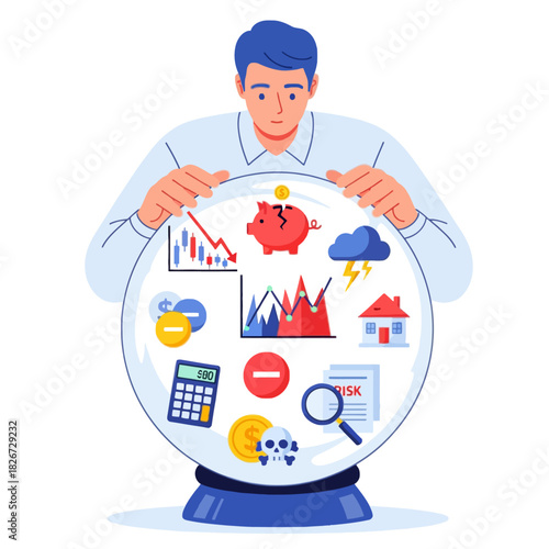 Man looking into a crystal ball to predict a financial crisis and economic recession.