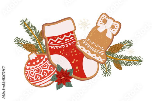 Vector christmas gingerbread cookies set. Bell, sock and bauble composition with pine, spruce branches. Christmas clipart with poinsettia, evergreen branches.