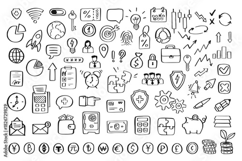 Business sketch icon set with doodle charts, targets and other