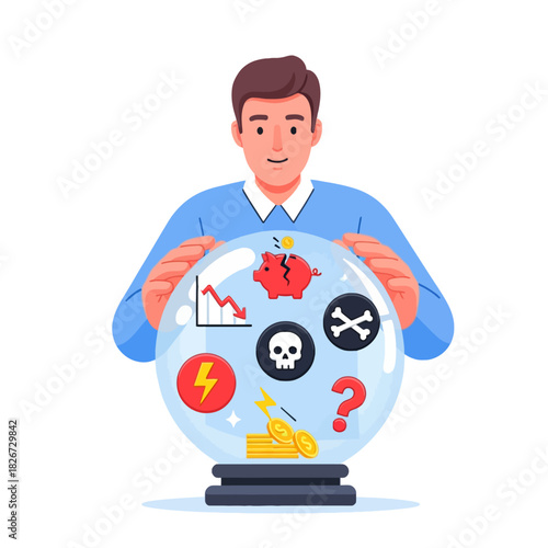A thoughtful businessman gazes into a crystal ball filled with financial symbols, representing economic forecasts, risks, and market uncertainties.