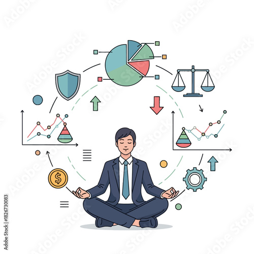 Meditating businessman surrounded by financial and business icons.