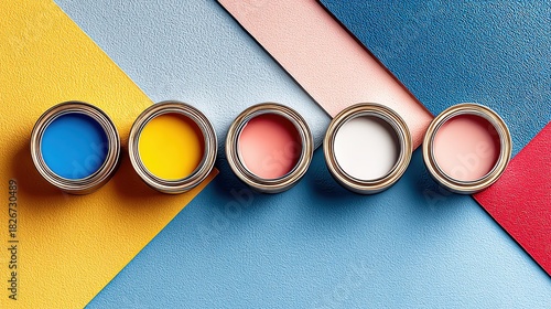 Creative geometric color bank: hi-res flat-lay of four paint cans in bold blue, yellow, pink, white—perfect for large poster, expo print or wall ad