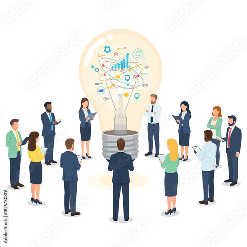Group of business people brainstorming with a lightbulb idea.