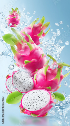 Dragon Fruit Splash: Vibrant dragon fruits burst forth in a refreshing cascade of water, capturing the essence of tropical delight and juicy freshness.