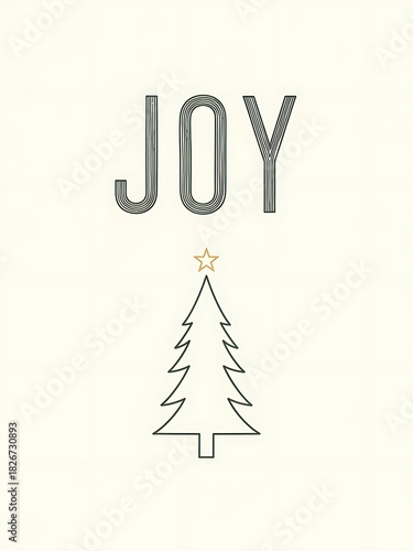 christmas poster with joy text and minimalist tree, elegant holiday card design with gold star on neutral background
