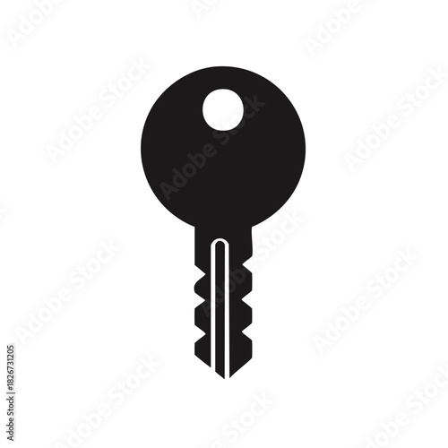Simple black silhouette of a single key with a round handle and a cut shaft against a white background