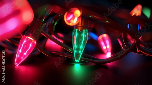 A bunch of Christmas lights are lit up in a variety of colors, black background