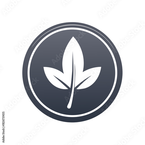 Abstract white leaf icon inside a dark circular emblem with gradient