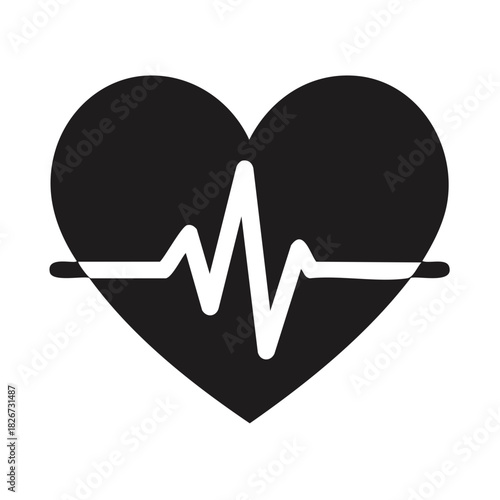 Black heart pulsing with white electrocardiogram line showing heartbeat rhythm graphic illustration
