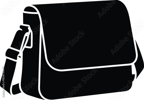Messenger bag silhouette—black vector with flap closure, buckle strap, and shoulder sling