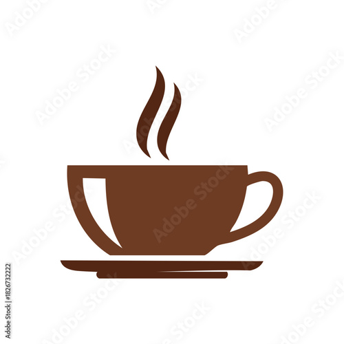 Hot coffee cup icon or logo design; brown silhouette steaming mug on saucer