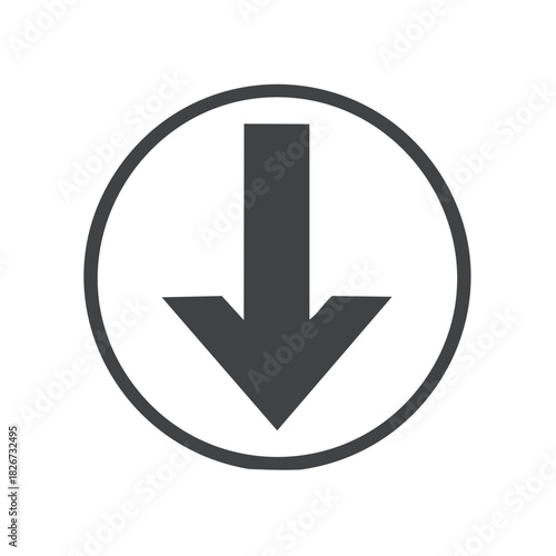 Modern download icon featuring a dark directional arrow within a clear circular frame.