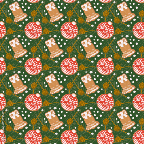 Seamless Christmas pattern with gingerbread bell bauble, festive cookies, winter botanical elements, and holiday decorations. Cozy repeating background perfect for seasonal textile designs.