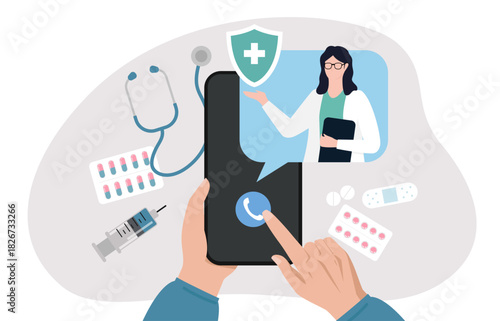 A person using a tele health app on their smartphone to consult with a doctor. Medical supplies are visible on the table, emphasizing the context of virtual healthcare.