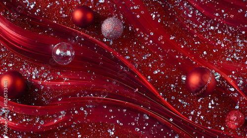 Vibrant red holiday wallpaper with swirling ribbons, glossy ornaments, sparkling confetti, clear middle 