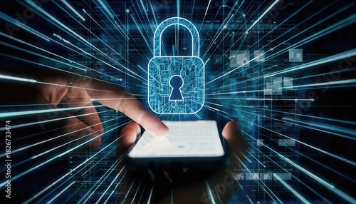 Human Fingers Touching Smartphone Screen with Glowing Blue Digital Padlock Icon on Futuristic Cyber Security Background