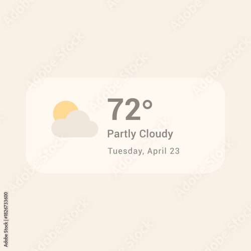 Neutral tone weather widget design featuring temperature, partly cloudy icon and date displayed on a soft minimal card layout created for modern mobile apps and clean interface projects.