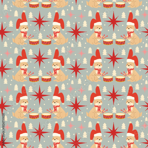 Christmas geometric pattern with forest animal in santa hat. Cute repeat design with festive elements stars and trees. Cute bunny with drum in cartoon flat style. Vector illustration on grey backgroun