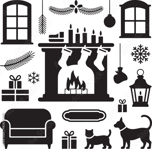 Holiday season silhouette elements featuring fireplace gifts and pets illustration